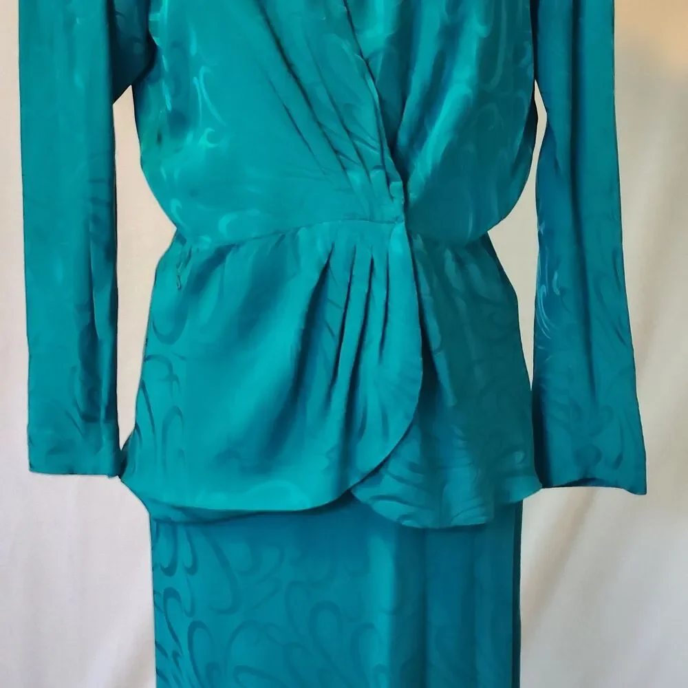 Vintage Liz Claiborne Women's 12 Silk Suit Blouse Skirt Set Green Blue Swirl 80s